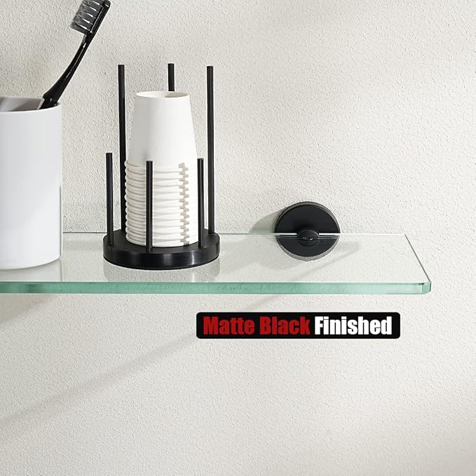 JQK Bathroom Glass Shelf Black, Tempered Glass Shower Storage 20 by 5 inches, 304 Stainless Steel Matte Black Wall Mount, TGS101L20-PB