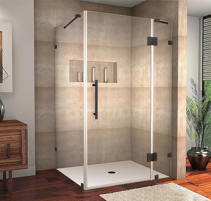 Avalux 48 in. W x 34 in. D x 72 in. H Rectangular Pivot Frameless Corner Shower Enclosure in Matte Black with Clear Glass