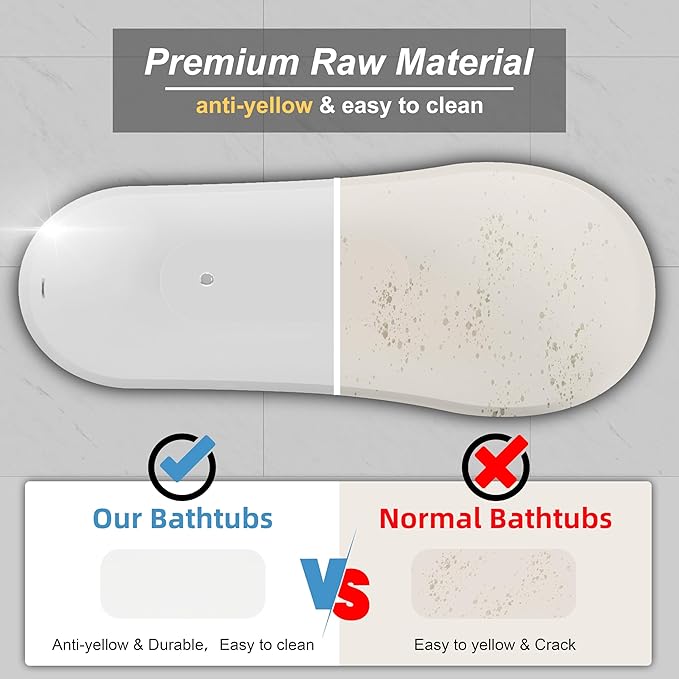 67" Freestanding Soaking Slipper Bathtub, WHALEKING Luxury Stand Alone Free Standing Deep Acrylic Tub with Chrome Overflow and Drain, Glossy White