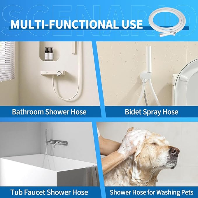 Shower Hose 79-Inch PVC White Handheld Shower Head Hose - Explosion Proof, Anti-Tangle Flexible Hose for Bathing, Pet Cleaning, and Toilet Cleaning rv shower head with hose