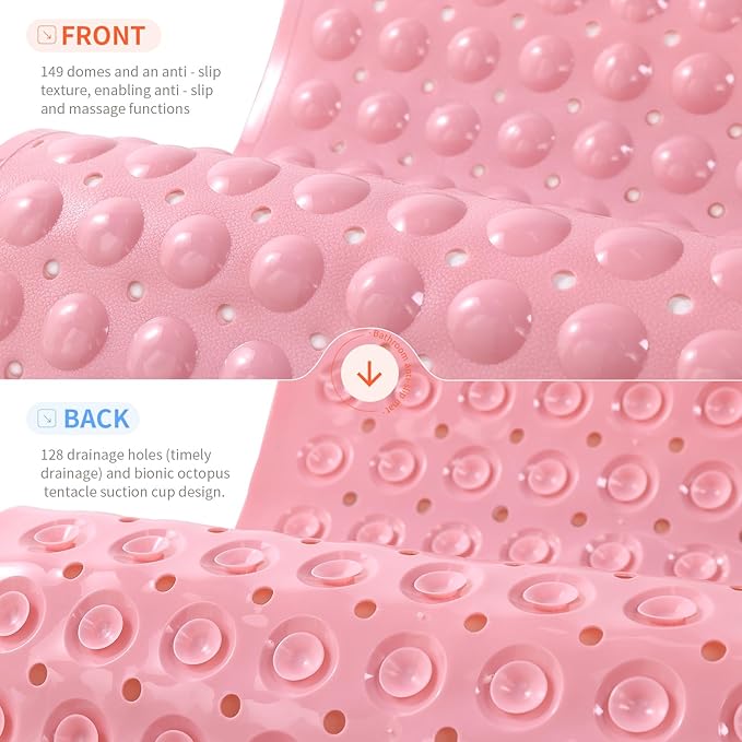 Anti-Slip Bathtub Shower mat, 27.5×14.5（Approximately 70×37cm） inch Soft Oversized Machine Washable Non-Slip Bathtub mat with Drainage Holes, Bathroom Floor Suction Cup.（1-Opaque Pink）