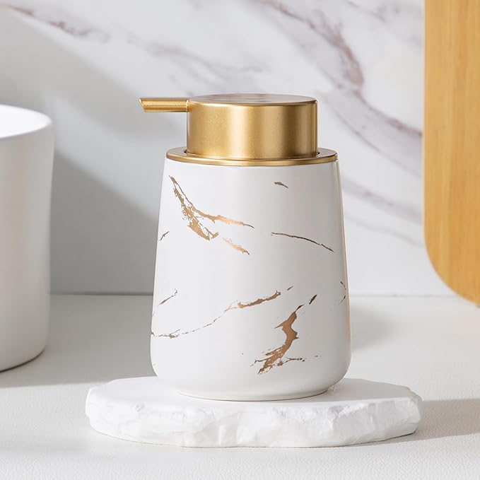 Enra Ceramic Gold Soap Dispenser,12 oz Marble Hand Liquid Soap Dispenser for Bathroom Kitchen Dispenser for Dish Soap with Easy-to-Press(Glod Liquid Type2)