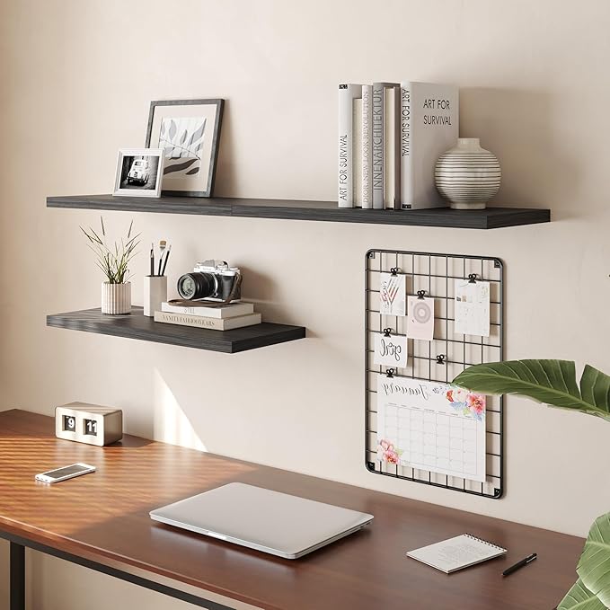 Wall Shelf Set of 3,Dark Wood Floating Shelves 24 in W x 10 in D x 1 in H, Wooden Floating Wall Shelf with Invisible Brackets for Living Room/Bedroom/Bathroom/Kitchen Storage and Decor