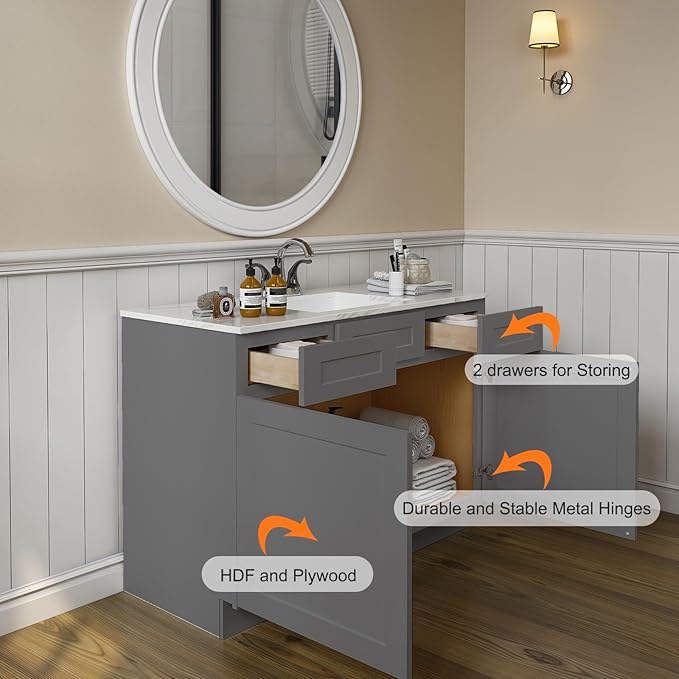 ROOMTEC Bathroom Cabinet, 42'' Free Standing Single Bathroom Vanity with 2 Drawers and 2 Doors,Soft-Close Drawer Slides Morden Bathroom Sink Vanity Storage Cabinet, Shaker Gray
