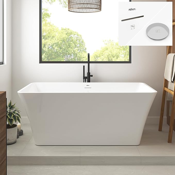 FerdY Sentosa 59" Acrylic Freestanding Bathtub, Contemporary Design Soaking Tub with Polished Chrome Drain and Minimalist Linear Design Overflow, Easy to Install