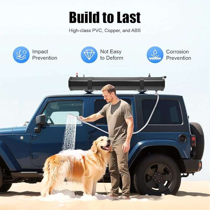 7.93 Gallon Pressurized Water Tank For Camping Shower, Portable Roof Rack Shower for Camping, Road Shower with A Large Water Tank, A Shower and 5.58 Foot Hose, Sun's Rays to Heat, Storage Bag