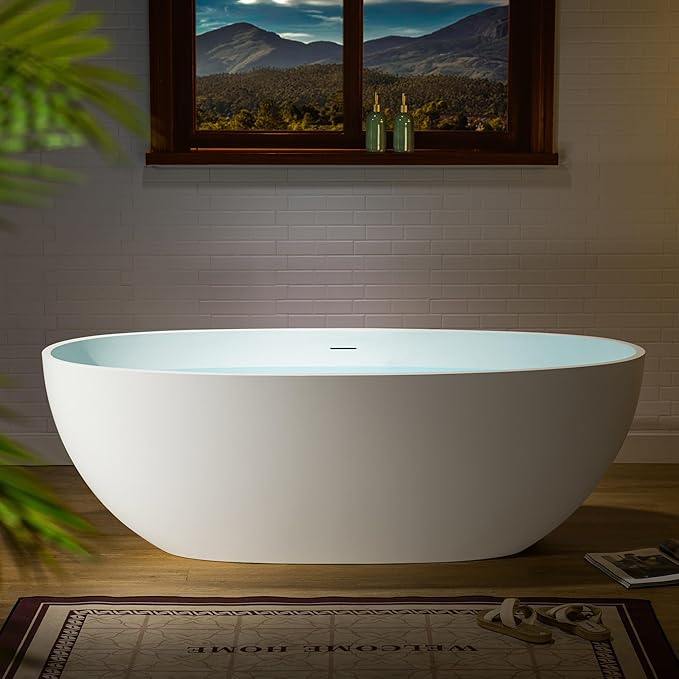 WOODBRIDGE 61 in. x 30.75 in. Stone Resin Luxury Contemporary Solid Surface Freestanding Bathtub in Matte White