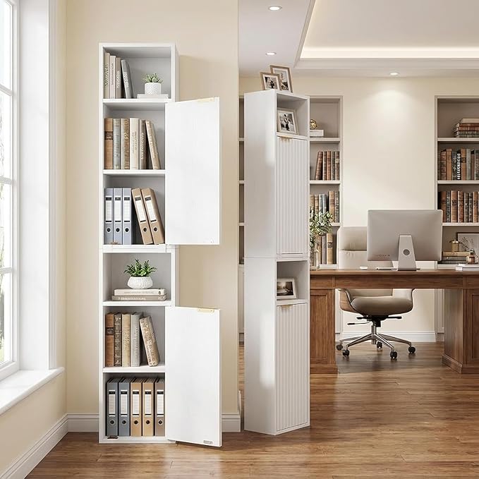 59.1" Tall Slim Bathroom Storage Cabinet White | Freestanding or Wall Mounted Modular Cabinet, Fluted Panel Linen Tower with Adjustable Shelves for Small Spaces