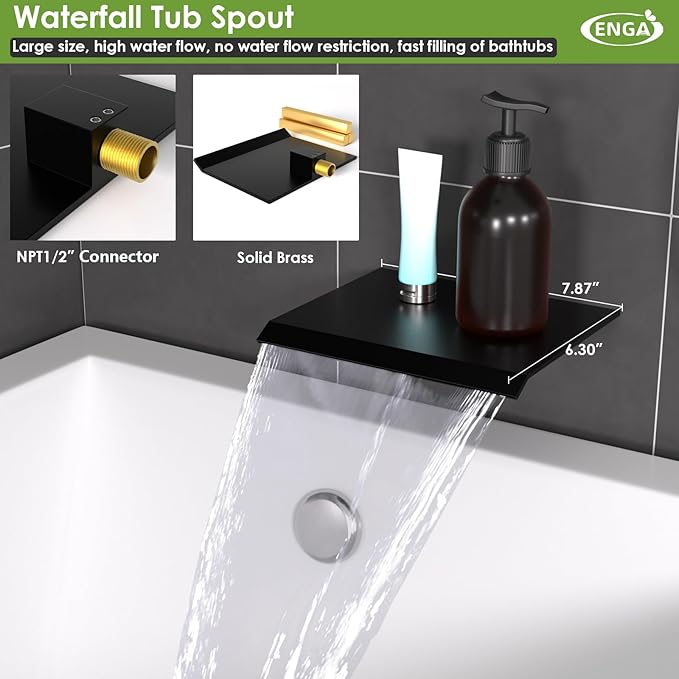 ENGA Dual Shower Head System with Tub Spout, Ceiling Mount 12 Inch Shower Head with 6 Inch Wall Mount Shower Head Shower Faucet Set, Matte Black