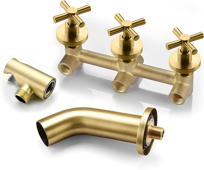 SUMERAIN Waterfall Wall Mount Tub Faucet with Hand Shower Sprayer, 3 Handle Tub Shower Faucet with Rough in Valve Brushed Gold Finish