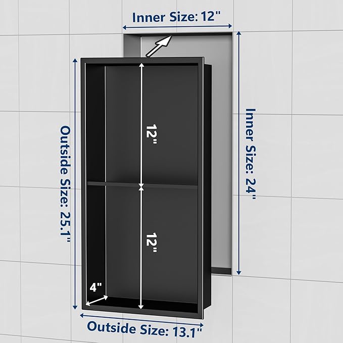 Stainless Steel Shower Niche 24" X 12", No Tile Needed Wall Niche Double Shelves, Recessed Shower Shelf for Bathroom Storage, Matte Black