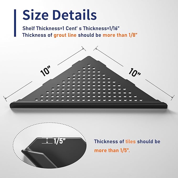 Corner Shower Shelves, 10" Matte Black 304 Stainless Steel Recessed Shelf for Bathroom, Grout in Shelf for Tiled Wall 2 Pack
