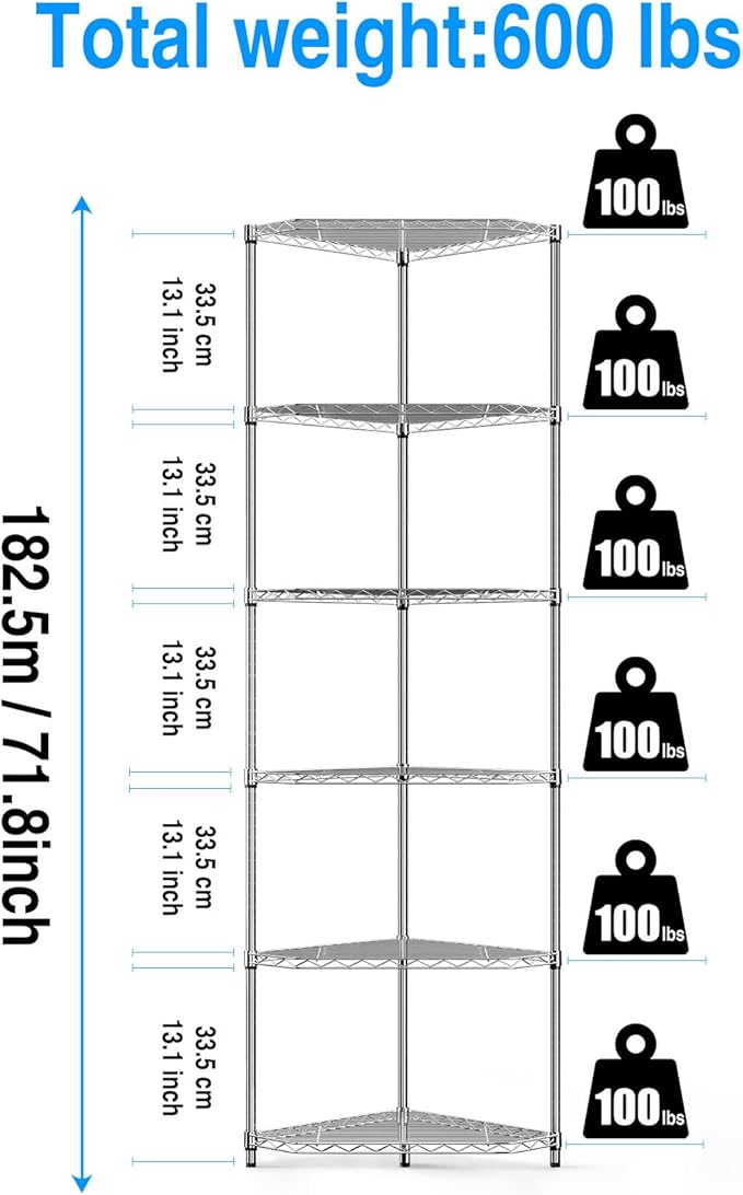 Silver 6 Tier NSF Metal Pentagonal Corner Wire Shelving Units, 600lbs Storage Rack with Feet for Kitchen, Utility Room, Warehouse, 72" H x 20" L x 20" W