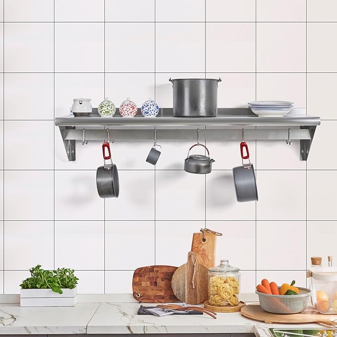 Hally Stainless Steel Shelf with 6 Hooks 18" x 36" Wall Mounted Pot Rack 350lb, NSF Commercial Floating Shelving for Storage Hanging Pots, Pans, cookware in Restaurant, Kitchen, Home and Hotel