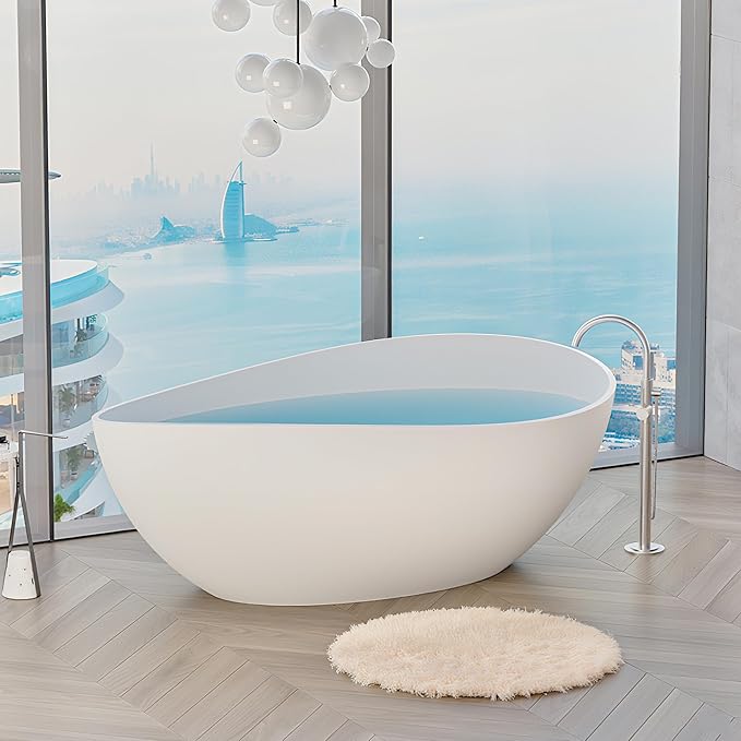 Abruzzo 63" Matte White Freestanding Solid Surface Bathtub - Stone Resin Soaking Tub, cUPC Certified