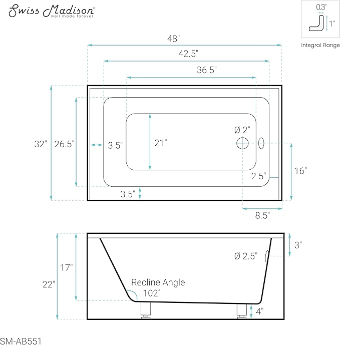 Swiss Madison Well Made Forever Voltaire 48"x32" Acrylic White, Alcove, Right Hand Drain, Apron Bathtub