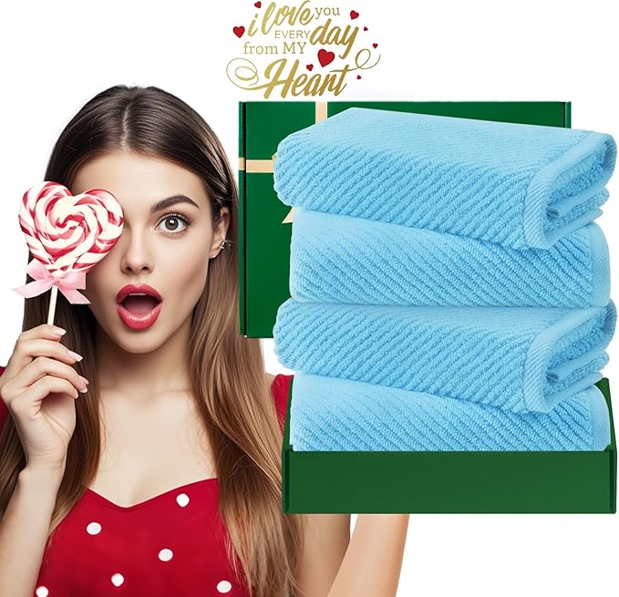 VOOVA & MOVAS Hand Towels for Bathroom Set of 4，Large 18"x 28" - 100% Cotton | Lightweight | Thick | Quick Dry | Soft | Absorbent, Bath Hand Towels, Bathroom Essentials, Blue
