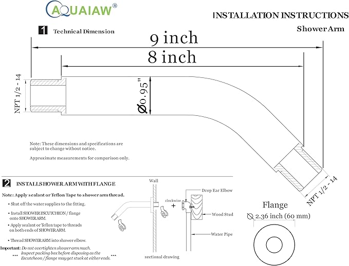 Aquaiaw Shower Arm and O-Ring Flange, 8 inch, Solid Brass, Brushed Gold, Round, Both Soldered 1/2 NPT Tapered Threads, Wall Mount Shower Arm Extension with Escutcheon, for Rain Shower Head Max. 12"