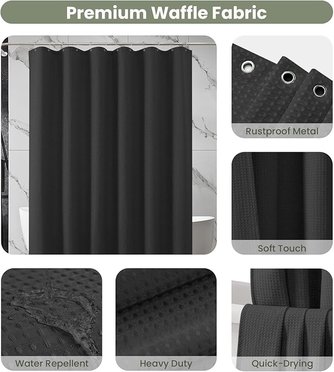 Inhousolu Fabric Shower Curtain Waffle Weave, 230 GSM Heavy Duty, Weighted Hem, 14 Metal Hooks, Water Repellent, Machine Washable, Hotel Spa Luxury Bath Curtain Set, 72 x 78 Inch, Black