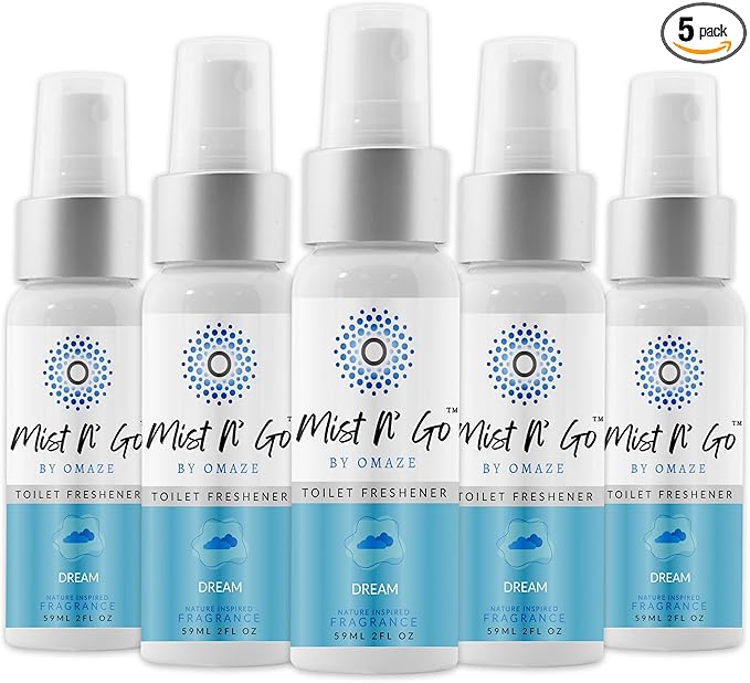 Mist N’ Go by Omaze Travel Bathroom Spray for Toilet Spray Odor Eliminator - Travel Toilet Spray for Bathroom Air Freshener Spray for Bathroom Deodorizer - Dream Regular Size (2oz x5)