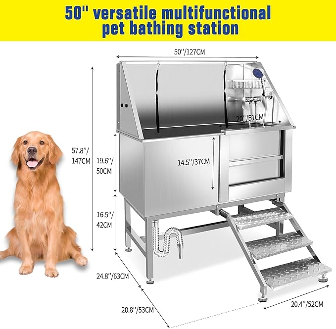 50 Inch Stainless Steel Dog Washing Station, Professional Grooming Tub with Stairs for Large Dogs, Home Bathtub for Pets with Hot & Cold Faucet