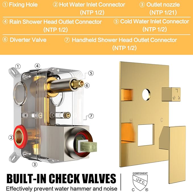 Rain Shower System 12 Inches Shower Head with Handheld Combo Set for Bathroom,High Pressure Rainfall Shower Faucet Set Wall Mounted,Rough-in Valve and Trim Kit(Brushed Gold)