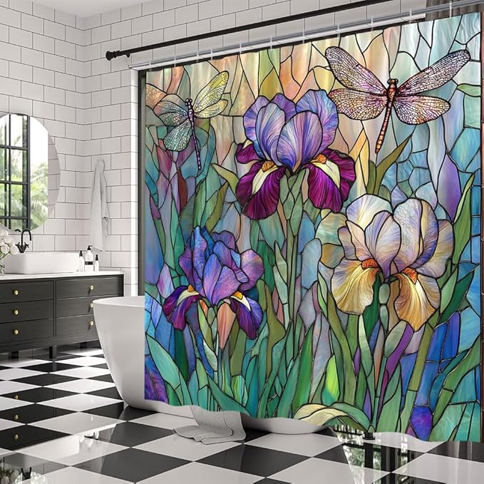 Stained Glass Shower Curtain Artistic Iris Dragonfly Purple Floral Green Leaves Abstract Nature Plant Spring Summer Modern Botanical Fabric Bathroom Decor Curtains with Hooks,70 x 90