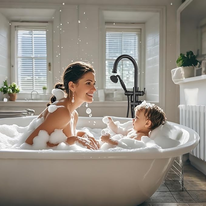 B2311-BK Freestanding Roman Tub Faucet with Antique Handheld, Swivel Gooseneck Spout Shower Mixer Taps - Matte Black High Flow Tub Filler