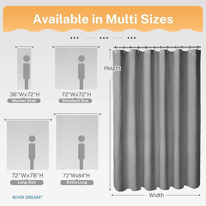 River Dream Grey Shower Curtain with Liner Set, Waffle Fabric Shower Curtain and Waterproof Clear Liner Set with Double Sided Metal Hooks, 72" W*72" H