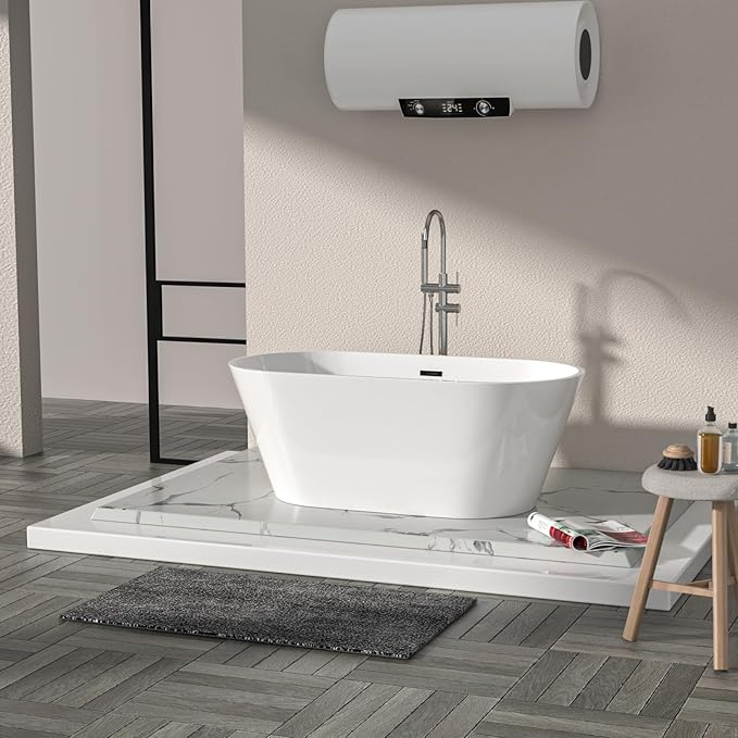Logmey 59 Inch White Acrylic Freestanding Bathtub Oval Shape Soaking Tub with Black Drain & Overflow Assembly for Classic and Modern Bathrooms