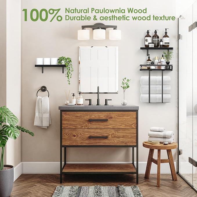 Towel Racks for Bathroom-Wall Mounted Floating Shelves for Wall Bathroom Bedroom Kitchen Living Room, Hanging Book Shelves Decor Bathroom Organizer, 16 inch Solid Wood, (Black, Set of 3, 16in)