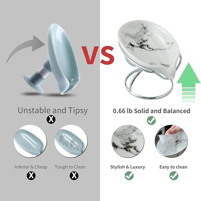 Leaf-Shaped Soap Dish – Premium Ceramic Soap Bar Holder with Self-Drainage System – Bar Soap Holder for Shower, Bathroom Sink, Kitchen – Waterfall Soap Dish with Stainless Steel Stand (SLIVER)