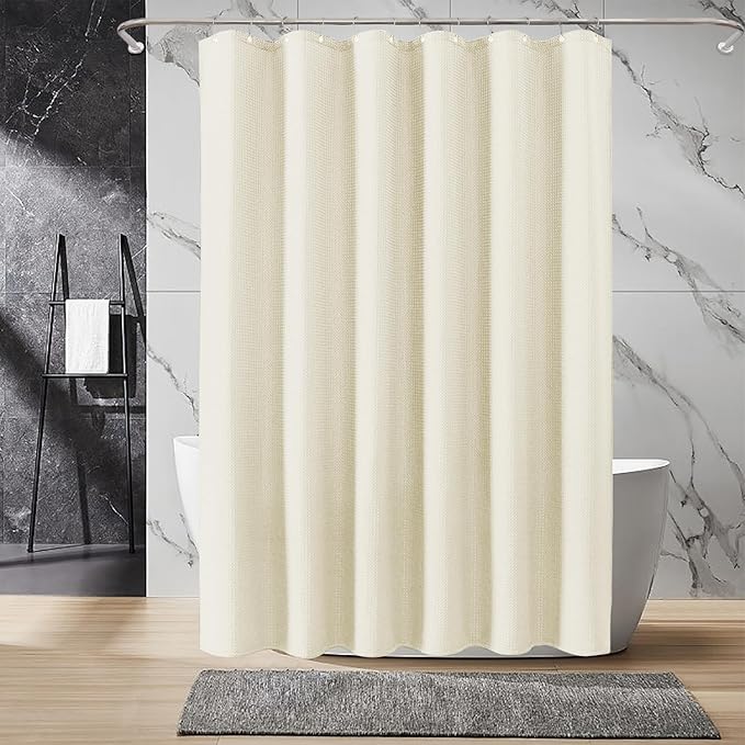 Inhousolu Fabric Shower Curtain Waffle Weave, 230 GSM Heavy Duty, Weighted Hem, 14 Metal Hooks, Water Repellent, Machine Washable, Hotel Spa Luxury Bath Curtain Set, 72 x 78 Inch, Ivory
