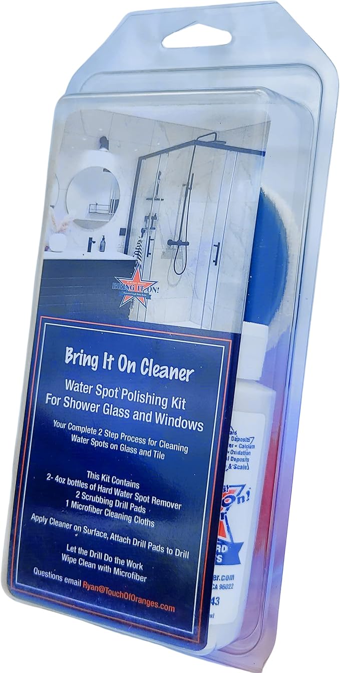 Bring It On Cleaner Water Spot Polishing Kit | For Shower Glass and Windows | Tile and Grout Polishing | Included Drill Scrub Brush, Microfiber, 8 ounces Water Spot Remover