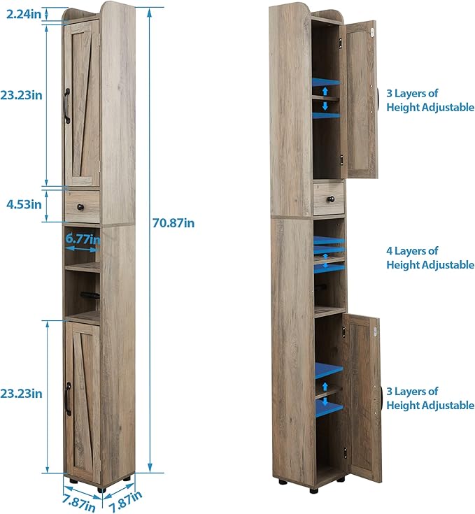 Bathroom Cabinet with Adjustable Shelf, Storage Cabinet for Small Space, Tall Bathroom Storage Cabinet with Retractable Toilet Paper Rod, Narrow Cabinet with 2 Doors, 8 Compartment, Brown Gray