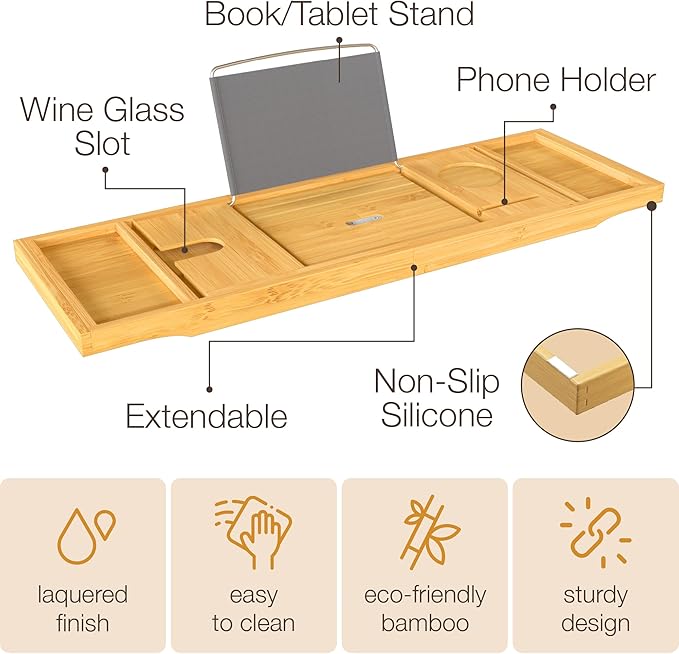 Wooden Bathtub Tray - Foldable Expandable Bamboo Bath Tray for Tub with Wine Holder, Book & Tablet Stand - Bath Caddy for Bathtub, Spa Bath Accessories for Women, Tub Tray Table, Gift for Her or Him