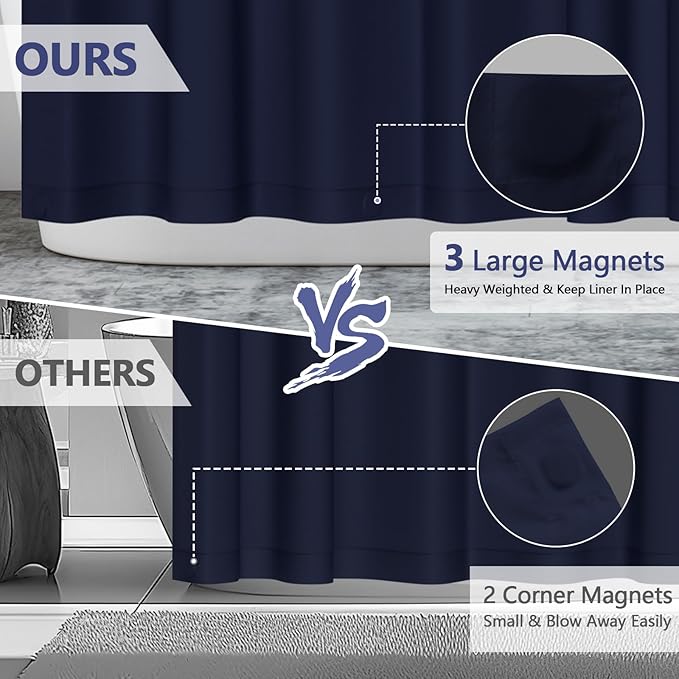 72 x 78 inch Navy Blue Extra Long Fabric Shower Curtain Liner, Waterproof Cloth Shower Liner with 3 Large Magnets, Bathroom Long Shower Curtain Lightweight Washable