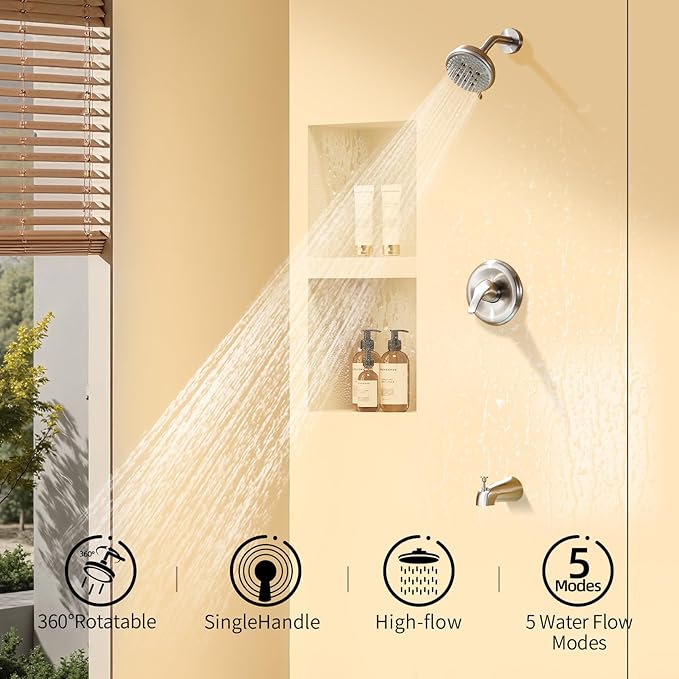 KINSE Tub Shower Faucet Set, 5-Inch Rain Shower Head and Tub Spout Single-Handle with valve kit included, and shower trim kit, Brushed Nickel shower head set