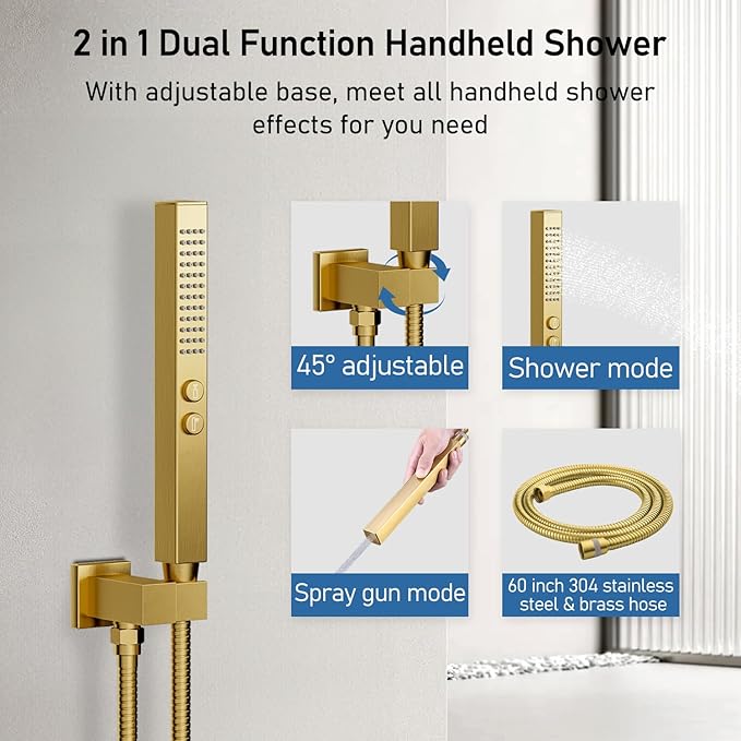 Brushed Gold Shower System, STARBATH Ceiling Mount Shower Set 12+6'' Wall Mount Rainfall Showerhead with Handheld 2 Functions High-Pressure Spray, Dual Rain Shower Faucet Set with Valve Complete