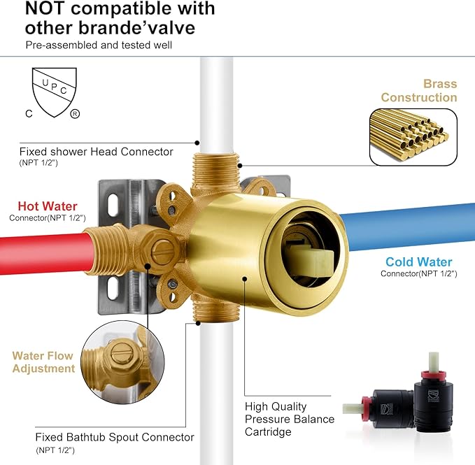 KENES Brushed Gold Tub and Shower Trim Kit, Square Tub Shower Faucet Set Complete with 6-Inch Rainfall Shower Head and Tub Spout, KE-6025A-4 (Shower Valve Included)