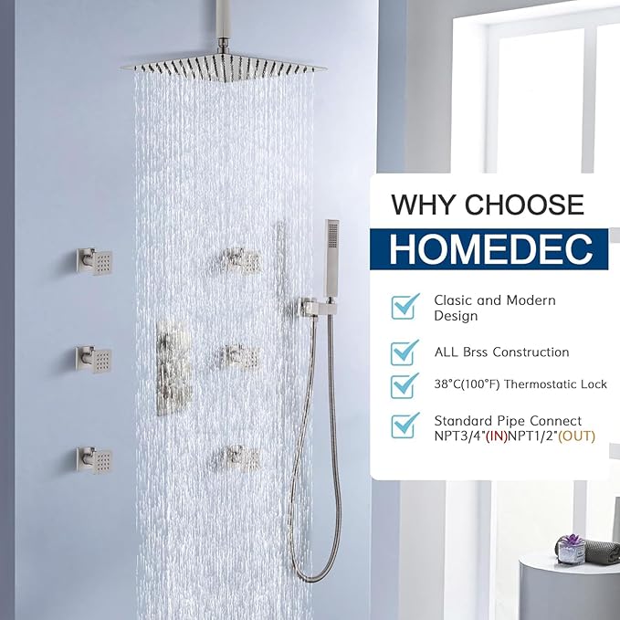 HOMEDEC Brushed Nickel 3 Way Shower Valve Thermostatic Anti-scald with 3 Square Knobs, Water Diverter Temperature Control Brass Rough-in Valve