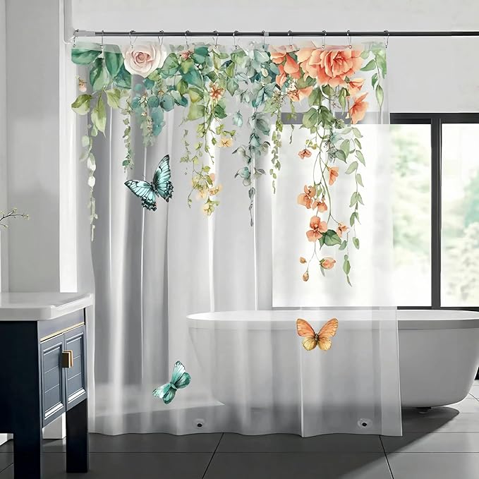 Clear Colorful Floral Butterfly Shower Curtain Liner, Plastic Pretty Pink and Orange Flower Green Eucalyptus Leaf Shower Curtains for Bathroom, 72x78 Weighted Magnetic Shower Curtain Set with 12 hooks