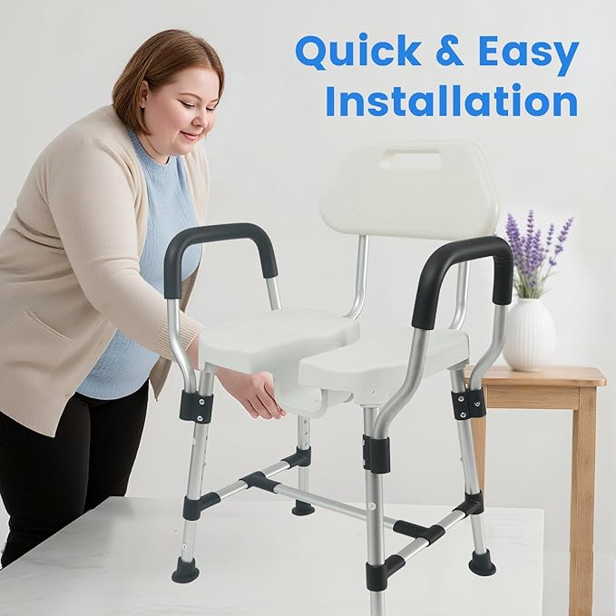 U-Shaped Shower Chair for Inside Shower, Heavy Duty Triple-Bar Base Reinforcement, with Arm and Back for Elderly and Disabled, Adjustable Height, Effortless Personal Hygiene Access