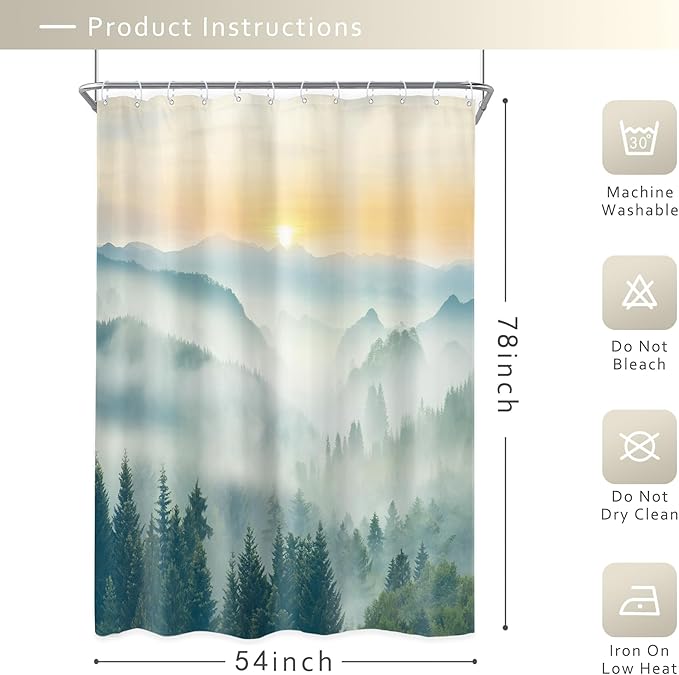 Riyidecor Small Stall Mountain Shower Curtain 54Wx78H Inch Rv Narrow Extra Long Green Sunset Sunrise Scenery Landscape Woodland Bathroom Decor Fabric Polyester Waterproof 12 Pack Hooks