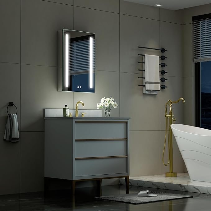 WELLFOR 20" X 30" LED Medicine Cabinet with Mirror, Single Left Opening Door, Recessed or Surface Cabinet Mirror, Bathroom Mirror Cabinet, Medicine Cabinet with Lights with Outlets & USB Ports