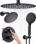KOJOX Matte Black Thermostatic Shower System, Push Button Diverter Shower Faucet Set with 12" Ceiling Mount Rain Shower, 8" Wall Mount Shower Head, and 3-in-1 Handheld Spray