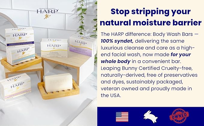 HARP pH-Balanced (5.0-6.0) Body Wash Bar. 100% Syndet. Protects Moisture Barrier For Sensitive, Dry or Irritated skin. + Shea Butter/Borage Oil. Non-Comedogenic. FRAGRANCE FREE