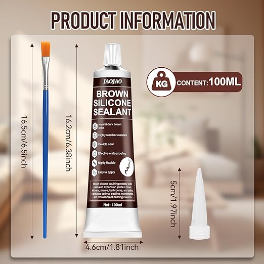 JAOJAO Brown Silicone Caulk, Brown Caulk Water-Resistant Adhesive Perfect Seal for Interior and Exterior Use Reliable and Effective Long-Lasting Protection for Doors Windows Siding Roofing,100g