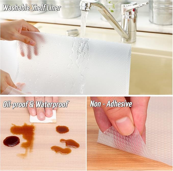 Anoak Shelf Liner Non-Slip Drawer Liner for Kitchen, Non Adhesive Cabinet Liner 12 Inch x 30 FT(360 Inch) Waterproof Refrigerator Liners for Kitchen Drawer, Bathroom Shelves Diamond Pattern Clear
