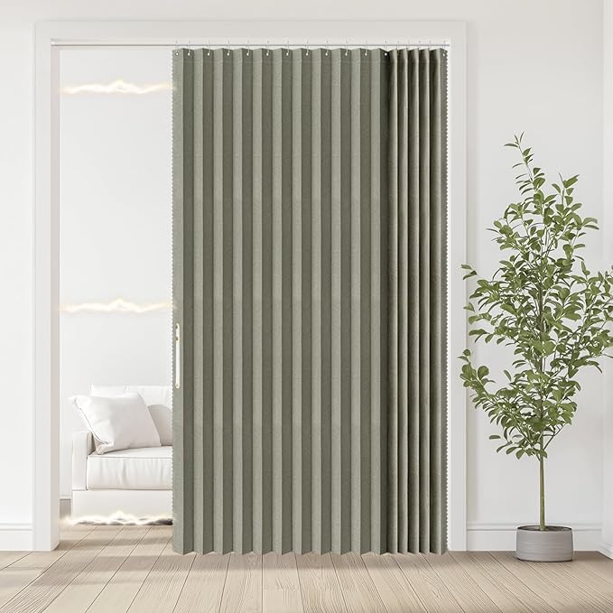Accordian Door Curtain, 100% Blackout Folding Magnetic Doorway Curtains,Linen Style Closet Doors,for Room Divider,Privacy Protection（W72 x L78,Grey,1 Panel）